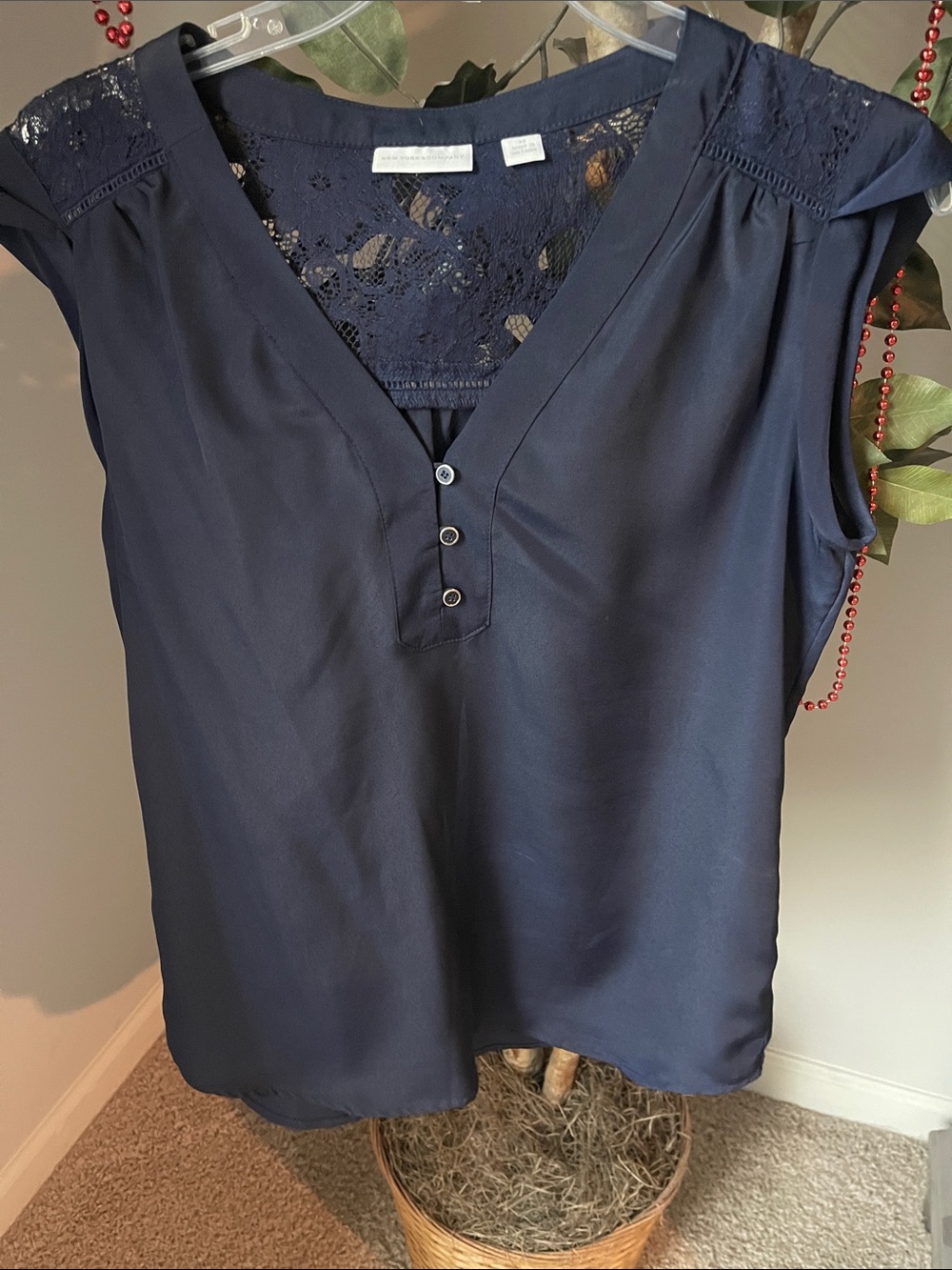 New York & Company Navy Lace Yoke Cap-Sleeve V-Neck Top